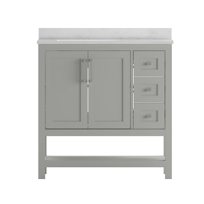 Emma And Oliver Bathroom Vanity, Single Sink Cabinet With 2 Soft Close Doors, Open Shelf And 3 Drawers, Carrara Marble Finish Countertop 2 Emma And Oliver Bathroom Vanity, Single Sink Cabinet With 2 Soft Close Doors, Open Shelf And 3 Drawers, Carrara Marble Finish Countertop - Image 2