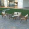 Emma And Oliver Four Piece Indoor/Outdoor Boho Open Weave Natural Rattan Rope Patio Set With Two Chairs, Loveseat And Table With Cushions