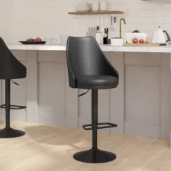 Emma And Oliver Modern Adjustable Height Upholstered Dining Stools With 360° Swivel Seat, Pedestal Base And Footrest