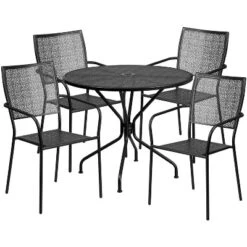 Emma And Oliver Commercial Grade 35.25" Round Metal Garden Patio Table Set, 4 Square Back Chairs -Emma And Oliver GUEST 523b7849 869e 4626 9b36 f42efda9a732