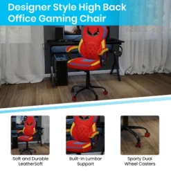 Emma And Oliver Faux Leather Ergonomic Designer Back Gamer Chair With Diamond Stitch, Lumbar Support & Padded Arms In Red, Blue & Yellow -Emma And Oliver GUEST 59944b8b c38c 4b1b b038 f6e0f5f0566d