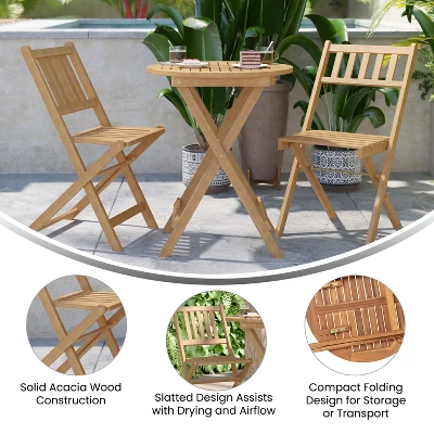 Emma And Oliver All-Weather Three Piece Solid Acacia Wood Patio Bistro Set With Two Folding Chairs And Table 5 Emma And Oliver All-Weather Three Piece Solid Acacia Wood Patio Bistro Set With Two Folding Chairs And Table - Image 5