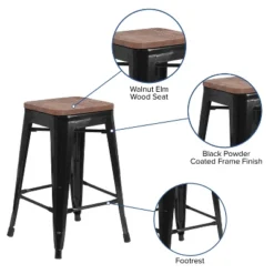 Emma And Oliver 24"H Backless Black Metal Counter Height Stool With Wood Seat -Emma And Oliver GUEST 5d3332d1 7156 4574 9e5e ffe71308baae