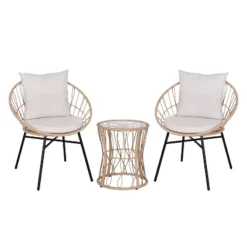 Emma And Oliver 3 Piece Boho Patio Set - Faux Rattan Rope Papasan Style Chairs With Cushions And Glass Topped Side Table -Emma And Oliver GUEST 5e820287 7f3d 487a a4ad a732527f4743