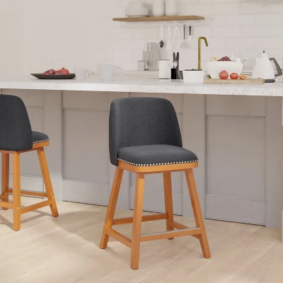 Emma And Oliver Upholstered Mid-Back Stools With Nailhead Accent Trim & Wood Frames 1 Emma And Oliver Upholstered Mid-Back Stools With Nailhead Accent Trim & Wood Frames