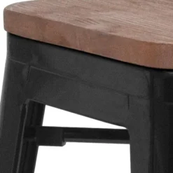 Emma And Oliver 24"H Backless Black Metal Counter Height Stool With Wood Seat -Emma And Oliver GUEST 64e08749 de0d 464e b42d 2517f099bc5f