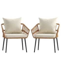 Emma And Oliver Indoor/Outdoor Bohemian Natural Rattan Rope Patio Chairs With Open Weave Design And Removable Plush Cushions -Emma And Oliver GUEST 66145732 2a65 431d 8527 be1c8b0e6110