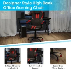 Emma And Oliver Ergonomic High Back Swivel Gaming Chair With Diamond Stitch Black Faux Leather Upholstery With Red Accent Stripes, Padded Arms -Emma And Oliver GUEST 66e212fa 3abb 4931 9c16 8361a90f8f25