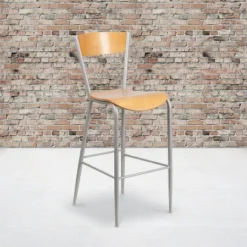Emma And Oliver 2 Pack Silver Metal Restaurant Barstool - Natural Wood Back & Seat