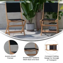 Emma And Oliver Set Of Two Weather Resistant All Natural Acacia Wood Folding Bistro Chairs With Textilene Mesh Seats And Backs -Emma And Oliver GUEST 6c1a6de2 87b9 46ce b439 b49e04866ab6