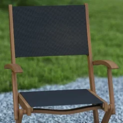 Emma And Oliver Set Of Two Weather Resistant All Natural Acacia Wood Folding Bistro Chairs With Armrests And Textilene Mesh Seats And Backs -Emma And Oliver GUEST 710c4efb c2aa 4e53 b081 becf056bcb5e