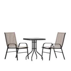 Emma And Oliver Three Piece Patio Table Set With Square Metal Frame Table With Tempered Glass Top And Two Flex Comfort Stacking Chairs -Emma And Oliver GUEST 7473a469 02bb 42c2 9256 8f9d1f31e4e4
