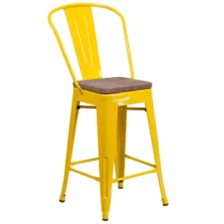 Emma And Oliver 24"H Metal Counter Height Stool With Back And Square Wood Seat -Emma And Oliver GUEST 752bc2d1 50f5 49ad b0d3 84df39ced160