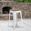 Emma And Oliver 24"H Backless White Metal Counter Height Stool With Wood Seat