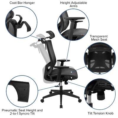 Emma And Oliver Ergonomic Mesh Office Chair-Synchro-Tilt, Pivot Headrest, Adjustable Arms 4 Emma And Oliver Ergonomic Mesh Office Chair-Synchro-Tilt, Pivot Headrest, Adjustable Arms - Image 4