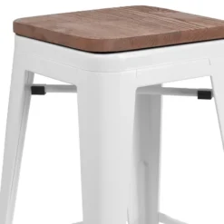 Emma And Oliver 24"H Backless White Metal Counter Height Stool With Wood Seat -Emma And Oliver GUEST 7b429e21 b686 47cd 96ea 6eadf8f0abf8
