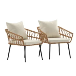 Emma And Oliver Indoor/Outdoor Bohemian Natural Rattan Rope Patio Chairs With Open Weave Design And Removable Plush Cushions -Emma And Oliver GUEST 82b1ce77 837c 4493 9b60 94d525d45141