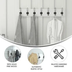 Emma And Oliver 34" Solid White Rustic Wall Hanging Storage Rack With Hooks For Entryway, Kitchen, Bathroom And More -Emma And Oliver GUEST 831f5902 9bb6 4e8e 93d5 5a436adbacea