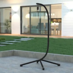 Emma And Oliver Sturdy Powder Coated Steel C-Stand With Offset Base For Hanging Chairs - Black