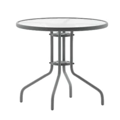 Emma And Oliver 31.5" Round Tempered Glass Metal Table With Smooth Ripple Design Top -Emma And Oliver GUEST 87332a91 2b41 48e8 86cb 62cf63f97dd8