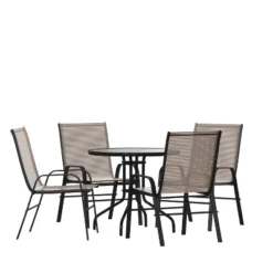 Emma And Oliver Five Piece Patio Table Set With Round Metal Table With Tempered Glass Top And 4 Flex Comfort Stacking Chairs -Emma And Oliver GUEST 880de0a8 43dc 4d72 9132 9836a50aef28
