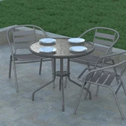 Emma And Oliver 31.5" Round Tempered Glass Metal Table With Smooth Ripple Design Top -Emma And Oliver GUEST 883ed9a1 350b 451c ac0c 8a1cf25bfbe8