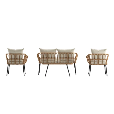 Emma And Oliver Four Piece Indoor/Outdoor Boho Open Weave Natural Rattan Rope Patio Set With Two Chairs, Loveseat And Table With Cushions 12 Emma And Oliver Four Piece Indoor/Outdoor Boho Open Weave Natural Rattan Rope Patio Set With Two Chairs, Loveseat And Table With Cushions - Image 12