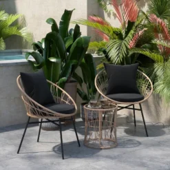Emma And Oliver 3 Piece Boho Patio Set - Faux Rattan Rope Papasan Style Chairs With Cushions And Glass Topped Side Table -Emma And Oliver GUEST 8c775e65 99cb 4542 8542 6a21faf5ced6