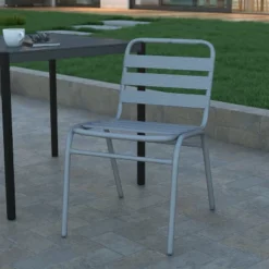 Emma And Oliver Aluminum Commercial Indoor-Outdoor Armless Restaurant Stack Chair With Triple Slat Back