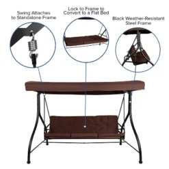 Emma And Oliver 3-Seat Outdoor Steel Converting Patio Swing And Bed Canopy Hammock In Brown -Emma And Oliver GUEST 9094d7de 3c6f 43f5 adc6 cca3122a19b2