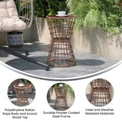 Emma And Oliver All-Weather Natural Faux Rattan Rope Patio Table With Natural Acacia Wood Top For Indoor And Outdoor Use -Emma And Oliver GUEST 931e7011 68d7 48cd 8482 8eef0d2ede11