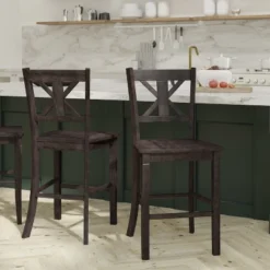 Emma And Oliver Set Of 2 Wooden Modern Farmhouse Bar Height Dining Stool With Decorative Carved Backrest And Wood Seat