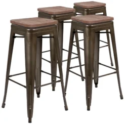Emma And Oliver 30" High Metal Indoor Bar Stool With Wood Seat - Stackable Set Of 4 -Emma And Oliver GUEST 9e368941 df4e 48e2 a89b 2c7ae48c704f