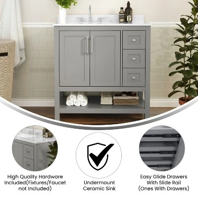 Emma And Oliver Bathroom Vanity, Single Sink Cabinet With 2 Soft Close Doors, Open Shelf And 3 Drawers, Carrara Marble Finish Countertop 6 Emma And Oliver Bathroom Vanity, Single Sink Cabinet With 2 Soft Close Doors, Open Shelf And 3 Drawers, Carrara Marble Finish Countertop - Image 6