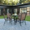 Emma And Oliver Five Piece Patio Dining Set - Square Table With Powder Coated Frame And Tempered Glass Top & 4 Flex Comfort Stack Chairs