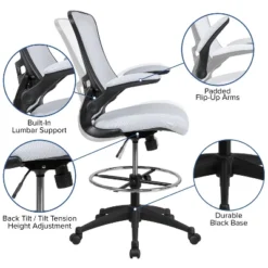 Emma And Oliver Mid-Back Mesh Ergonomic Drafting Chair With Foot Ring And Flip-Up Arms -Emma And Oliver GUEST a230ba3e ecc6 4052 b98e bd562f682fba