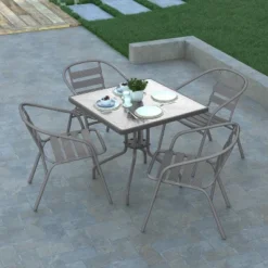 Emma And Oliver 31.5'' Square Glass Top Metal Table With 4 Aluminum Slat Stack Chairs -Emma And Oliver GUEST a4715835 e0cf 4786 903d 1dab590a5b00