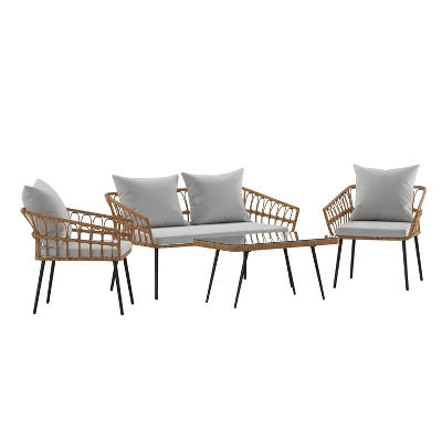 Emma And Oliver Four Piece Indoor/Outdoor Boho Open Weave Natural Rattan Rope Patio Set With Two Chairs, Loveseat And Table With Cushions 14 Emma And Oliver Four Piece Indoor/Outdoor Boho Open Weave Natural Rattan Rope Patio Set With Two Chairs, Loveseat And Table With Cushions - Image 14