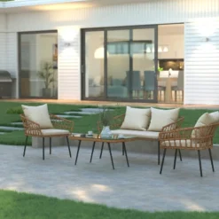 Emma And Oliver Four Piece Indoor/Outdoor Boho Open Weave Natural Rattan Rope Patio Set With Two Chairs, Loveseat And Table With Cushions 18 Emma And Oliver Four Piece Indoor/Outdoor Boho Open Weave Natural Rattan Rope Patio Set With Two Chairs, Loveseat And Table With Cushions -Emma And Oliver GUEST aad881c5 31c6 4120 93ff 85bd738fde82