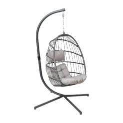 Emma And Oliver Awen Foldable Hanging Egg Chair With Woven Finish, Removable Cushions, And Included Stand For Indoor And Outdoor Use -Emma And Oliver GUEST abd5cc26 3e0e 4e76 8fd4 e78036ac6dc0
