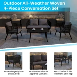 Emma And Oliver Black & Gray Woven All-Weather Four-Piece Conversation Set With Cushions & Metal Coffee Table For Porch, Backyard And Patio -Emma And Oliver GUEST ac9e041b f645 4bc7 b90d a44f805b6b4e
