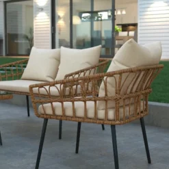 Emma And Oliver Four Piece Indoor/Outdoor Boho Open Weave Natural Rattan Rope Patio Set With Two Chairs, Loveseat And Table With Cushions 19 Emma And Oliver Four Piece Indoor/Outdoor Boho Open Weave Natural Rattan Rope Patio Set With Two Chairs, Loveseat And Table With Cushions -Emma And Oliver GUEST ad24381e 1c80 4bf7 ab54 982e8e907f72