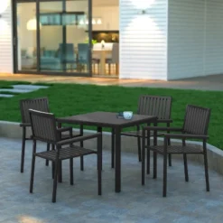Emma And Oliver 5 Piece Modern Weather And Rust Resistant Black Steel And Polyresin Patio Set With Table And 4 Chairs For Indoor/Outdoor Use