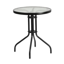 Emma And Oliver Three Piece Patio Table Set With Round Metal Frame Table With Tempered Glass Top And Two Flex Comfort Stacking Chairs -Emma And Oliver GUEST af45194d f04b 4254 9446 706a583ca67f