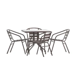 Emma And Oliver 31.5'' Square Glass Top Metal Table With 4 Aluminum Slat Stack Chairs -Emma And Oliver GUEST b0bcea7e a781 428a 9a2a 76eaf9c3d297