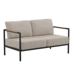 Emma And Oliver Aluminum Frame Loveseat With Teak Arm Accents And Plush Cushions -Emma And Oliver GUEST b18b9f9f ebbf 467e 9399 5edd00af71e7