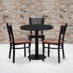 Emma And Oliver 30" Round Black Laminate Table Set, 3 Grid Back Metal Chairs