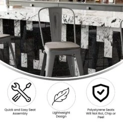 Emma And Oliver Clear Coated Metal Stool With Backrest And Polyresin Seat For Indoor Use Only -Emma And Oliver GUEST ba810269 1ddf 4bf3 8ce3 bbac89f8b9c5