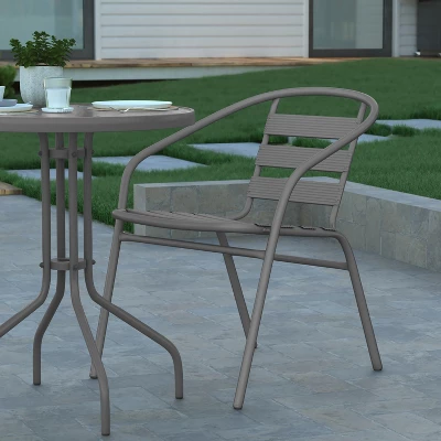 Emma And Oliver 23.75'' Round Glass Top Metal Table With 2 Aluminum Slat Stack Chairs 5 Emma And Oliver 23.75'' Round Glass Top Metal Table With 2 Aluminum Slat Stack Chairs - Image 5