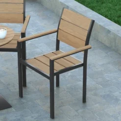 Emma And Oliver Outdoor Stacking Side Chair With Faux Teak Poly Slat Seat, Back And Arms And Metal Frame -Emma And Oliver GUEST bb6bd82b fe55 4adc a09d 9e808d0c6b9a